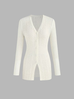 Cider - V-Neck Button Knitted Long Sleeve Top