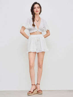 Cider - Eyelet Crop Top & Ruffle Hem Shorts (Set of 2)