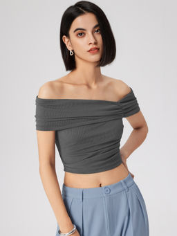 Cider - Ruched Off-Shoulder Short Sleeve Crop Top