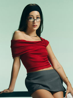 Cider - Ruched Off-Shoulder Short Sleeve Crop Top