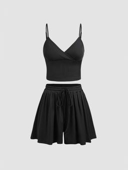 Cider - Knit V-Neck Crop Top & Knotted Shorts (Set of 2)