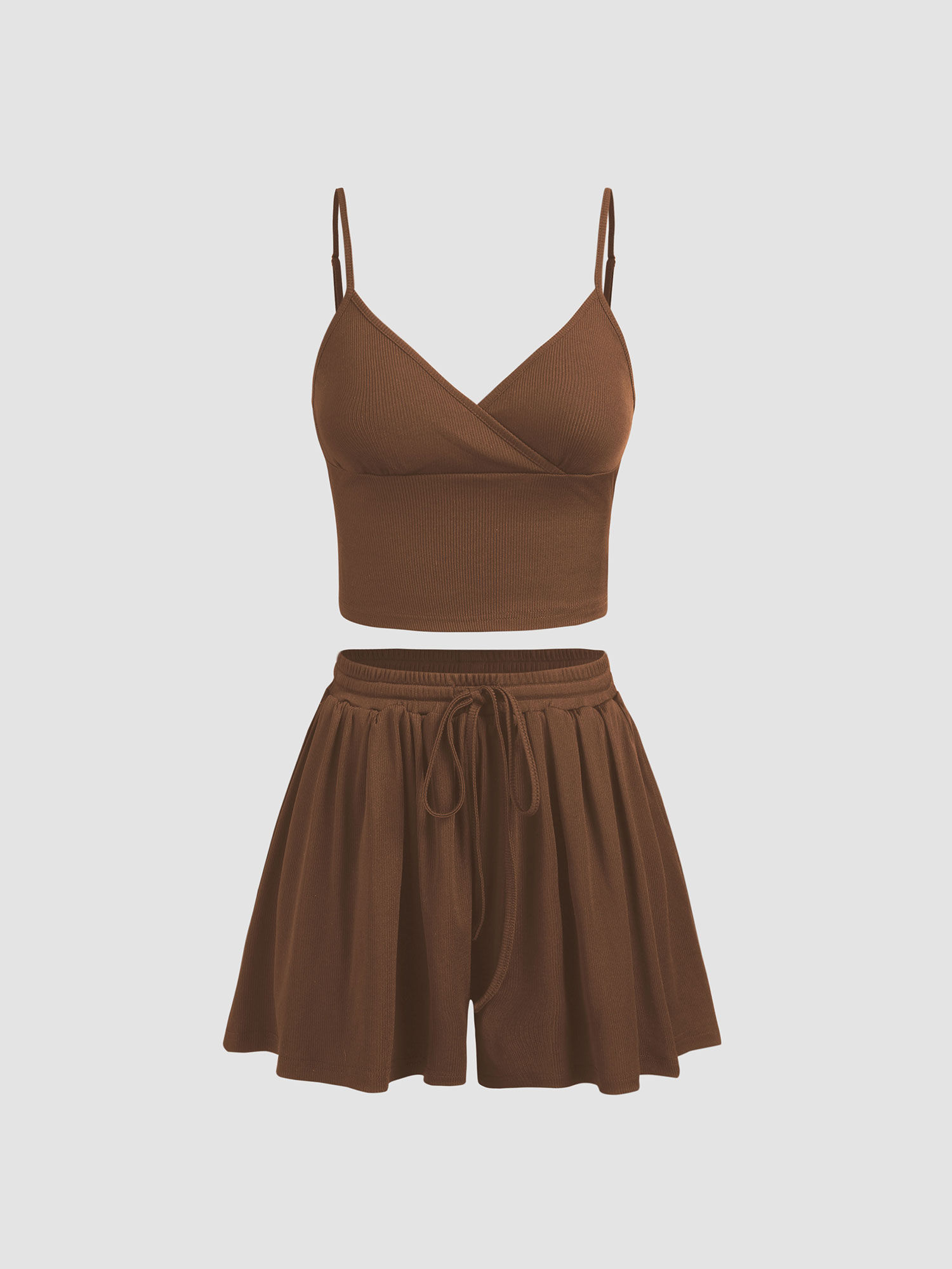 Knit V-Neck Crop Top & Knotted Shorts (Set of 2)