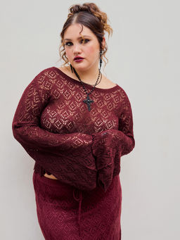 Cider - Knitted Hollow Out Long Bell Sleeve Top Curve & Plus