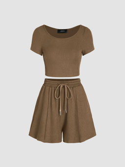 Cider - Scoop Neckline Crop Top & Stitch Shorts (Set of 2)