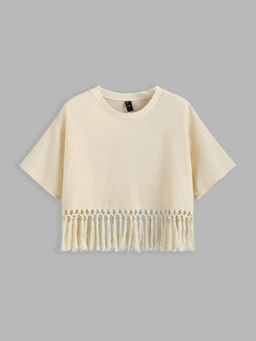 Cider - Solid Round Neckline Tassel Short Sleeve Top