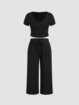 Cider - Sleeve Tee & Knotted Wide Leg Pants Curve & Plus (Set of 2)