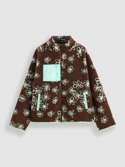 Cider - Fleece Stand Collar Floral Pocket Jacket