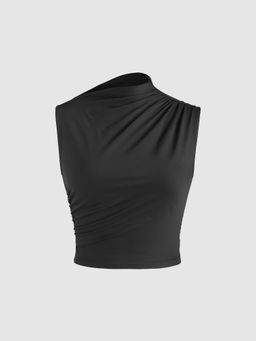Cider - Knit Fabric Asymmetrical Neck Ruched Crop Tank Top