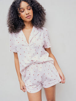 Cider - Collar Striped Strawberry Short Sleeve Top & Mid Waist Shorts Lounge (Set of 2)