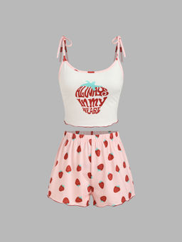 Cider - U-Neckline Strawberry Graphic Cami Top & High Waist Shorts Lounge (Set of 2)