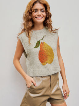 Cider - Knit Wool-Blend Round Neckline Pear Graphic Vest