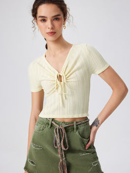 Cider - Knit V-Neck Bowknot Crop Short Sleeve Top