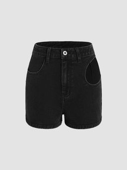 Cider - Solid Denim High Waist Cut Out Mini Shorts