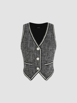 Cider - Tweed V-Neck Solid Button Crop Vest