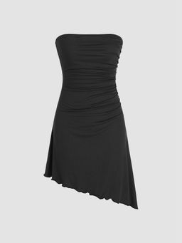 Cider - Solid Ruched Asymmetrical Ruffle Hem Tube Mini Dress