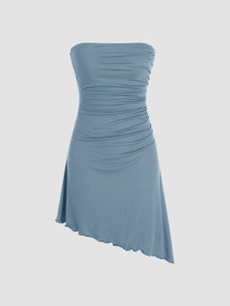 Cider - Solid Ruched Asymmetrical Ruffle Hem Tube Mini Dress