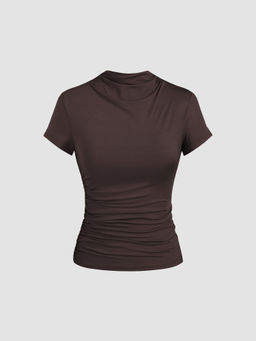 Cider - High Neck Ruched Short Sleeve Tee