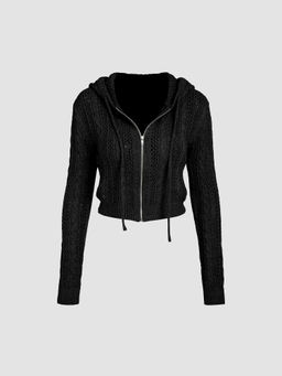 Cider - Knit Hooded Zipper Hollow Out Cardigan