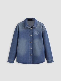 Cider - Denim Collar Graphic Button Blouse Top