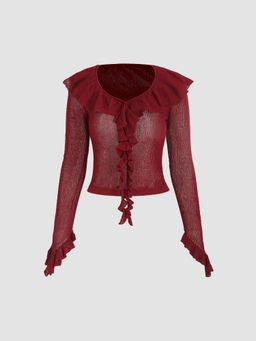 Cider - Knit Round Neckline Solid Ruffle Trim Long Sleeve Top