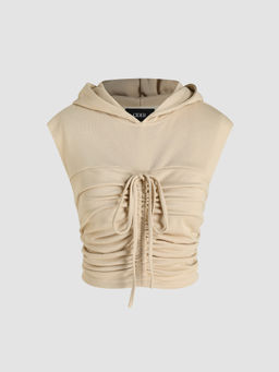 Cider - Solid Terry Round Neckline Drawstring Ruched Crop Hoodie