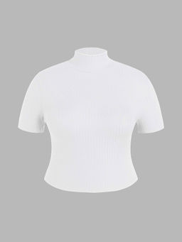 Cider - Rib High Neck Solid Short Sleeve Tee Curve & Plus
