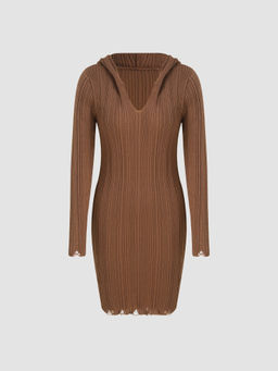 Cider - Knit Solid V-Neck Ripped Rib Mini Dress