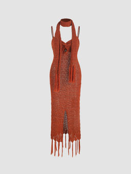 Cider - Knit Solid Sweetheart Tassel Split Twist Cami Maxi Dress with Tassel Choker