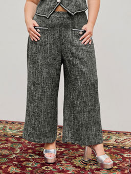 Cider - Tweed Mid Waist Solid Button Wide Leg Trousers Curve & Plus