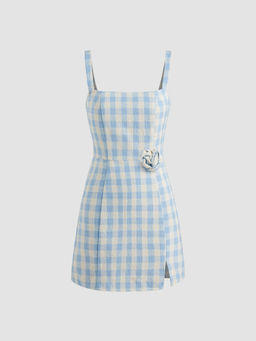 Cider - Square Neck Rosette Check Split Mini Dress