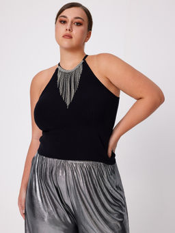 Cider - Round Neckline Sequin Tassel Detail Solid Crop Top Curve & Plus