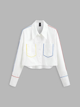 Cider - Collar Solid Pocket Long Sleeve Blouse Top