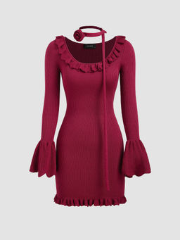 Cider - Knit Scoop Neckline Ruffle Trim Mini Dress with Rosette Choker