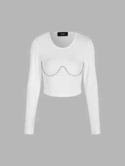 Cider - Round Neckline Solid Rhinestone Detail Long Sleeve Crop Top