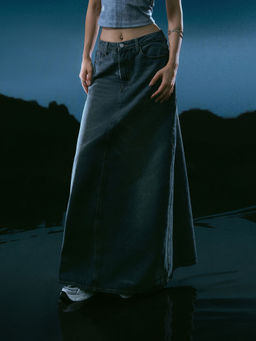 Cider - Denim Mid Waist Solid Pocket Maxi Skirt