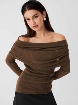 Cider - Wool-Blend Off-Shoulder Ruched Knit Long Sleeve Top