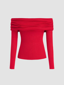 Cider - Wool-Blend Off-Shoulder Ruched Knit Long Sleeve Top ()