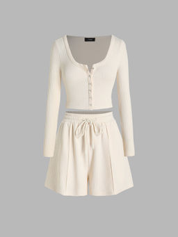 Cider - U-Neckline Button Long Sleeve Top & Elastic Waist Shorts (Set of 2)