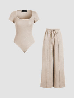 Cider - U-Neckline Bodysuit & Elastic Waist Wide Leg Pants (Set of 2)
