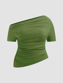 Cider - Asymmetrical Neck Ruched Short Sleeve Top Curve & Plus