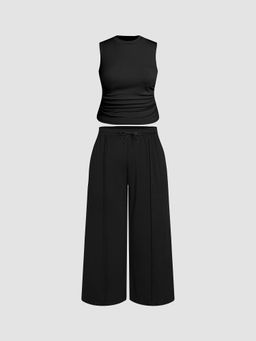 Cider - Ruched Tank Top & Elastic Waist Knotted Trousers Curve & Plus (Set of 2)