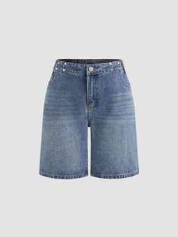 Cider - Denim High Rise Solid Wide Leg Shorts