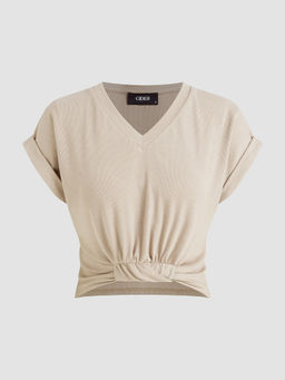 Cider - V-Neck Solid Ruched Crop Top