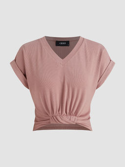 Cider - V-Neck Solid Ruched Crop Top