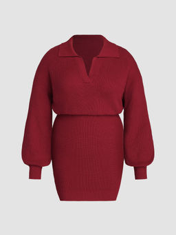 Cider - Knit Collar Solid Long Sleeve Mini Dress Curve & Plus