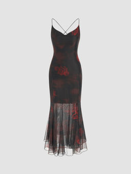 Cider - V-Neck All Over Print Contrast Mesh Maxi Dress ()