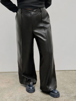 Cider - Faux Leather Solid High Waist Wide Leg Trousers Curve & Plus