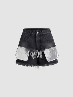 Cider - Denim High Waist Patched Sequin Raw Hem Shorts