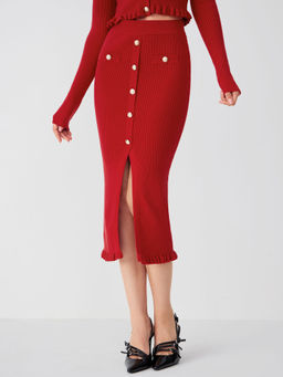 Cider - Mid Waist Solid Split Knit Midi Skirt