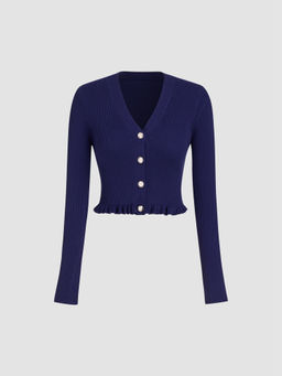 Cider - V-Neck Solid Button Knitted Crop Top
